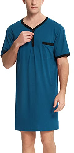 Enjoyoself Nattlinne för män, kortärmad bomull, pyjamas i ett stycke, luftig, långa nattkläder, skjorta med knappslå, praktisk sovskjorta, blå, S, 1 Blå, S
