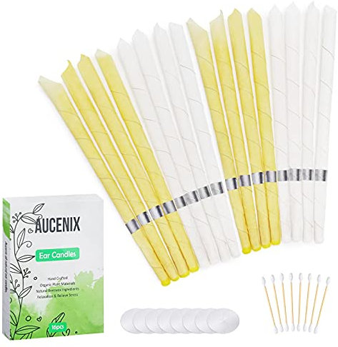 100% natürliche Ohrkerzen zur Reinigung16 Stück Ohrenkerzen Ohrenschmalz Entferner Kit mit Natürliches Bienenwachs,Ohrenkerze mit Schutzscheiben und Wattestäbchen für ntspannen (Yellow & White)