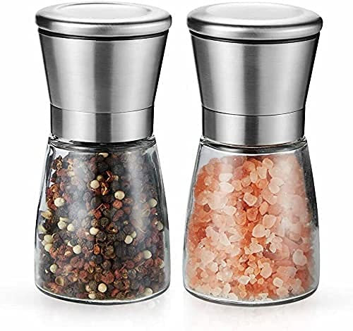 Luebel® 2PCS Salt Pepper Grinder Mill Set of 2 Easy-Fill Mills Stainless Steel Glass Body Shaker Brushed Adjustable Mill Coarse