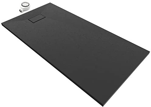 Moments of Glass Plato de ducha SMC Boreal 160x70 cm, Negro RAL 7021 – Antiderrapante, Textura Pizarra, Antibacteriano, Resistente a agentes químicos – Incluye válvula y rejilla