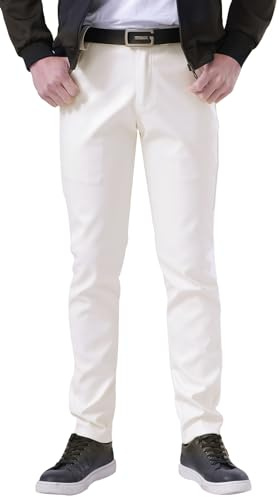 Mens PU Faux Leather Trousers Slim Fit Fake Leather Wet Look Pants White 40