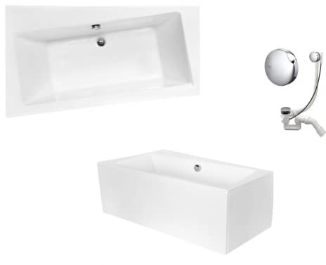 VBChome Badewanne 150x90 cm Acryl SET Schürze Siphon Wanne Ecke Eckbadewanne Weiß Design Modern Ablaufgarnitur Viega Simplex Wanne links Schürze Ablaufgarnitur Füße