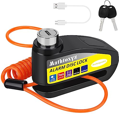 Motorcycle Lock Rechargeable, 120dB Alarm Disc Brake Locks Anti-Theft Security Wheel Disc Lock Waterproof with 5ft Reminder Cable and Carry Pouch for Motorbike Bike Scooter