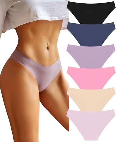 FINETOO 6-pack damtrosor med låg midja, sömlös, underkläder, stretch, hipster, 6-pack (svart, marinblå, 1 lila, 1 rosa, 1 naken, 1 rosa), S-M
