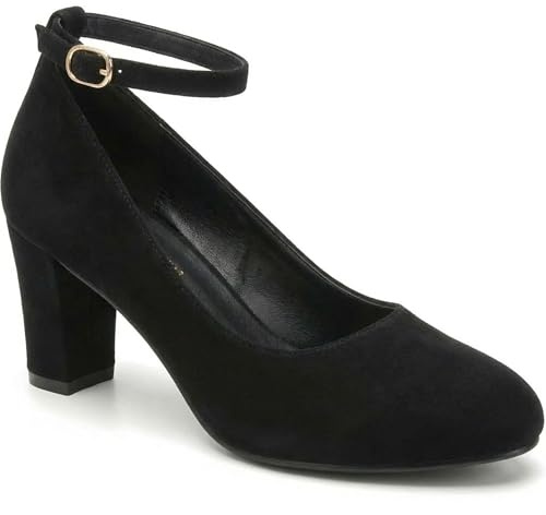 Women’s Ankle Strap Block Heel Court Shoes Evening Dress Ladies Comfort Work Office Pumps (Black Suede, UK Footwear Size System, Adult, Women, Numeric, Medium, 4)
