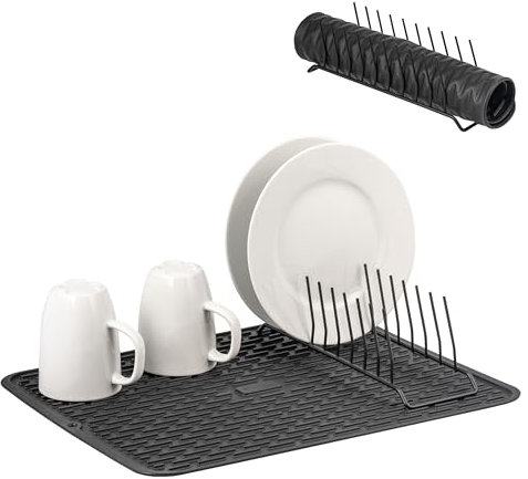 eluno Abtropfmatte inkl. Abtropfgestell, rutschfeste Silikonmatte 33,5 x 43 cm, platzsparend, hitzebeständige Spülbeckenmatte mit Geschirrtrockner für 9 Teller, schwarz