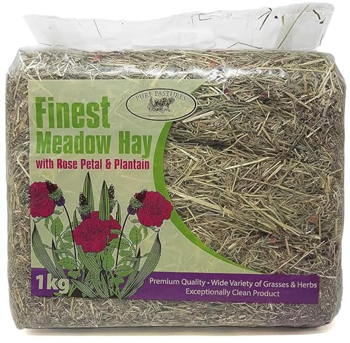 Pure Pastures Meadow Hay with Rose Petals & Plantain - Premium Rabbit Food and Guinea Pig Hay with added Flowers - 4x 1kg Bags