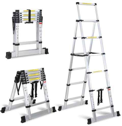 Eulenke Échelle Télescopique, escabeau telescopique 1,7+2m avec Barre stabilisatrice, echelle Pliante Cadre A 5+6 échelons en Aluminium, Charge maximale :150kg, echelle Multifonction Antidérapante