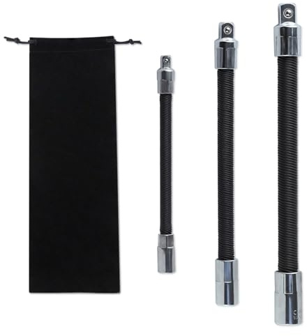 LEONTOOL 3Pcs Flexible Extension Bar Set 1/2-Inch 1/4-Inch 3/8-Inch Drive Flexible Socket Extension Bars Flexible Socket Extension Cables, Metal Extensions with Flexible Shafts Hand Tool Set