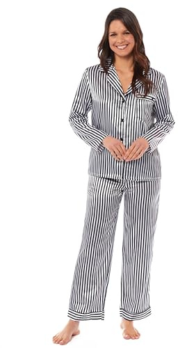 Daisy Dreamer Womens Long Pyjama Set Satin Silk Long Sleeve Ladies Pyjamas Sets Button Down Easy Care Two Piece Comfy Sleepwear and Loungewear Pjs, Black Stripes Large 16-18