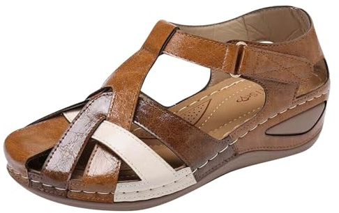 LJFIWY Sandalias ortopédicas para mujer, puntera cerrada, suaves, de ajuste ancho, sandalias de verano para juanetes, soporte de arco, piel retro, zapatos romanos para caminar, talla 3-7.5, Brown, 39
