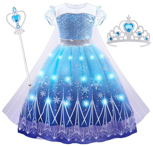 AUYAO Prinsessdräkt med LED-ljus för barn och flickor, 3 delar, prinsessklänning i set med krona och trollstav, för utklädnad till jul, karneval, halloween, födelsedagsfest och party (110 cm)