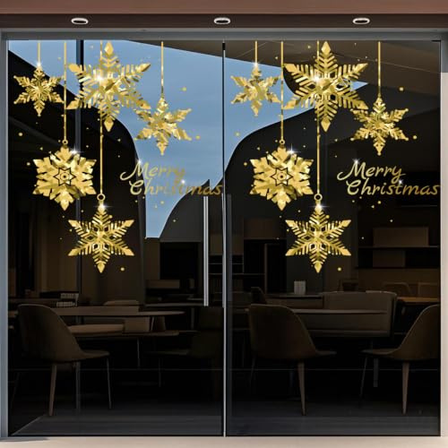 Christmas Tree Window Clings Stickers for Glass, Golden Christmas Snowflake Windows Static Stickers, DIY Wall Window Door Mural Showcase Decal Sticker (2 Pack Style B)