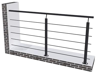 Garde-corps aluminium noir mat 2m, avec 5 traverses et 1 main courante, pose à plat, fixation mur, en kit complet, pour balcon