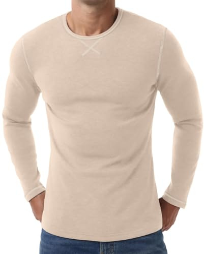 PrinStory Camisetas térmicas de manga larga para hombre con forro polar, camiseta térmica de cuello redondo, capa base, ropa interior cálida de invierno, beige, L