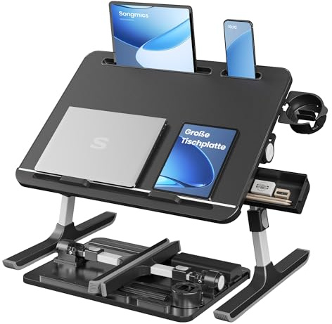 SONGMICS Table de Lit, Bureau Pliable, Plateau 56 x 40 cm, Inclinaison Continue à 120°, Hauteur Réglable, Porte-Gobelet, Support pour Ordinateur Portable, pour Lit, Canapé, Noir d’Encre LLD113BC01