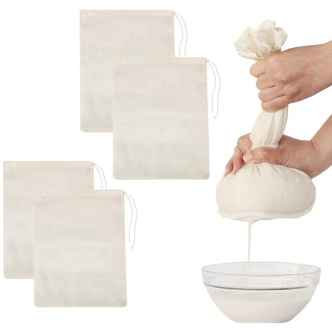 Etamine Alimentaire, 4 Pièces, 100% cotton, sacs à lait de noix, réutilisables, Lavable, avec cordon de serrage, pour Filtre Alimentaire les jus, Thé Épices, pour lait de noix, fromage, café et Tofu