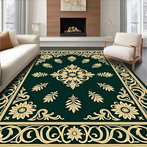 Design&I Low Pile Flatwoven Area Rug 5x7, Damask Ivy Flourish Twisted Vine Embroidery Inspired, Machine Washable, Stain Resistant Indoor Rug for Living Room, Bedroom, Non Slip(Green, 5x7)