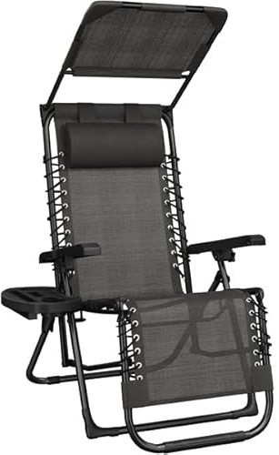Yaheetech Sdraio da Spiaggia Pieghevole con Parasole, Cuscino Poggiatesta Removibile, Portabicchieri, Sdraio da Giardino con Schienale Regolabile, Spiaggia, Lettino da Sole (1, Grigio Scuro)