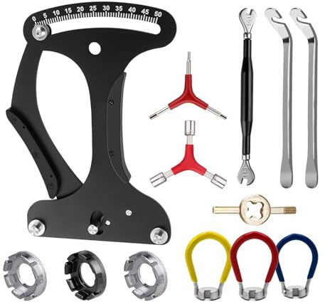 Kit di attrezzi per la riparazione di ruote di biciclette, 13 pezzi, con misuratore di tensione dei raggi, chiavi per raggi, leve per pneumatici, strumento per nucleo valvola per manutenzione MTB e