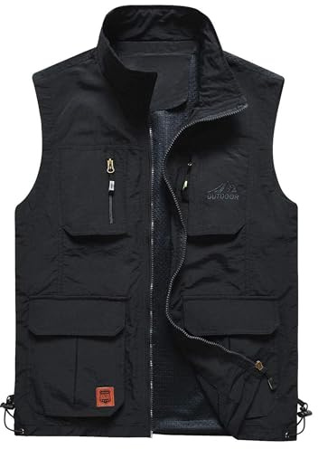 Flygo Men's Lightweight Outdoor Travel Work Fishing Vest With Multi-Pockets (02 Black-Medium)