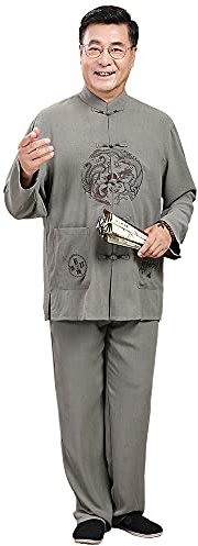 G-LIKE Herren Bestickter Tang Anzug - Chinesische Frühling Herbst Kleidung Kampfkunst Kung Fu Tai Chi Trainingsanzug Langarmhemd Hose Hanfu Uniform für Männer – Baumwolle Leinen (Dunkelgrau, XXL)