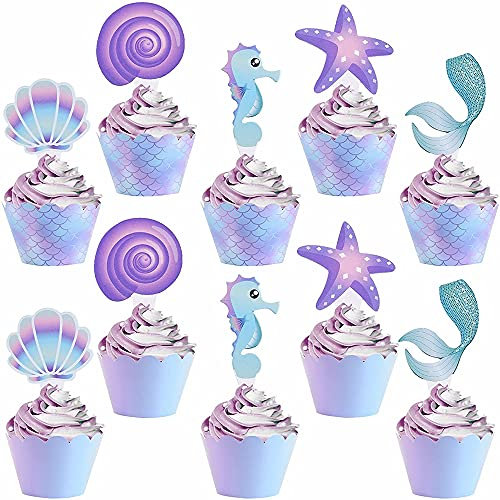 Topper de Gâteau,Sirène Cupcake Toppers et Wrappers 24 Pièces Décorations de Gâteau pour Les Enfants Anniversaire Bébé Douche Fête de D'anniversaire