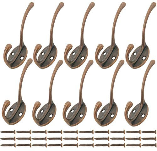 Mokife Kleiderhaken Vintage Kupfer, 10 Stück Wandhaken Doppelt Haken Garderobenhaken Huthaken mit Schrauben für Tür, Wand, Garderobe