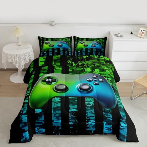 Gamer Comforter Set Queen Kids Boys Teens Usa Flag Stars Down Comforter Gaming Comforter Gamer Room Decor Camo Video Game Bedding Set, Gamepad Console Duvet, Youth Young Man Quilt, Grunge Style
