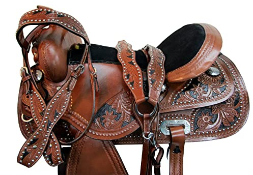Pro Western 15 16 17 18 Barrel Racing Selle de cheval en cuir à motif floral 38,1 cm