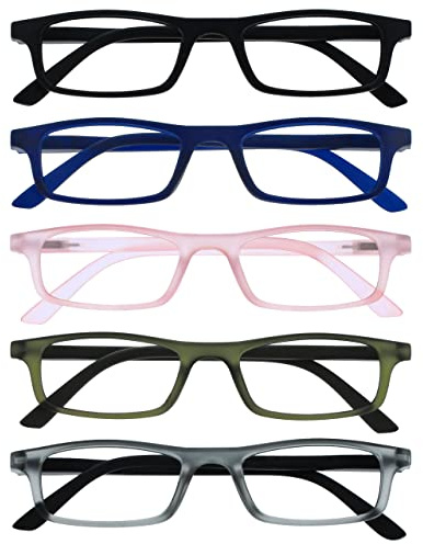 OPULIZE Ted Gafas de Lectura Pack de 5 Estrechas y Ligeras Negro, Azul Marino Mate, Rosa, Khaki y Gris Mate Transparente Bisagras con Muelle Resistentes a los Arañazos Hombre Mujer RRRRR17-13467 +2.00