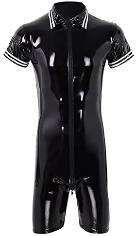 AIEOE Traje de un solo pieza para hombre de cuero patentado PVC con cremallera larga, trajes sexy de un solo pieza de ajuste delgado, Negro (Black 02), M
