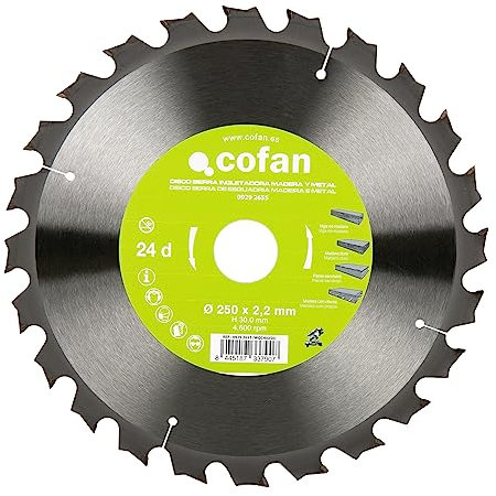 Cofan Hoja de sierra ingletadora | Disco de corte para madera y metal | 24 dientes | Adecuado para maderas duras, paneles sándwich y metales con clavos | 250 x 30 mm | Grosor del disco: 2,2 mm