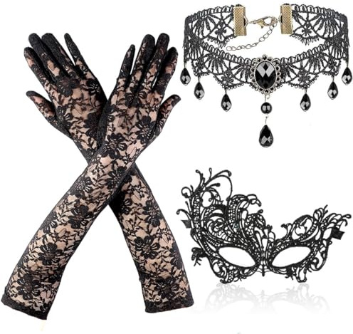 Bijoux Gothiques Vampires, 3 Pièces Ensemble Halloween Collier Gants Masque Dentelle, Collier Dentelle Gothique, Masque Dentelle Noir Sexy, Gants en Dentelle, pour Mascarade Halloween Carnaval
