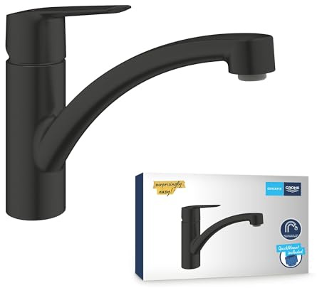 GROHE Start, Küchenarmatur mit flachem Auslauf (Wasserhahn für die Küche, 140° schwenkbar, wassersparend dank variabler Mengenbegrenzung, werkzeugfreie Spülbecken-Montage), schwarz, 324412432