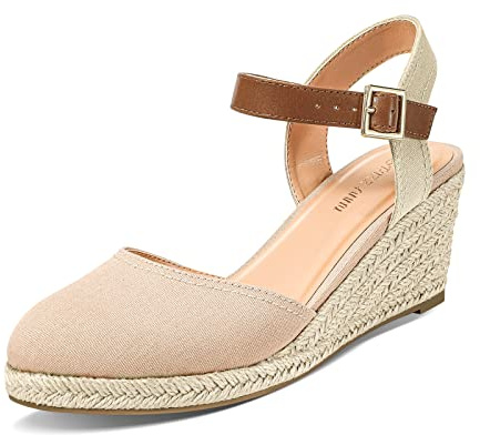 PIZZ ANNU Womens Wedge Sandals Canvas Ladies Espadrilles Summer Elegant Buckle Mid Heel Platform Closed Toe Shoes Nude Size 6