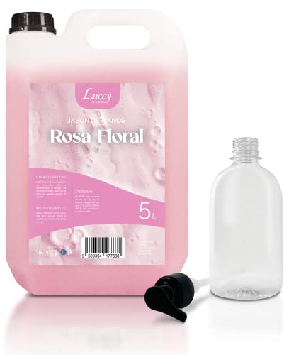 LUCCY Jabón de Manos Líquido Rosa 5 Litros + Bote Rellenable 500 ml | PH Neutro Hidrata y Protege tu Piel | Uso Profesional Dermatológicamente Testado