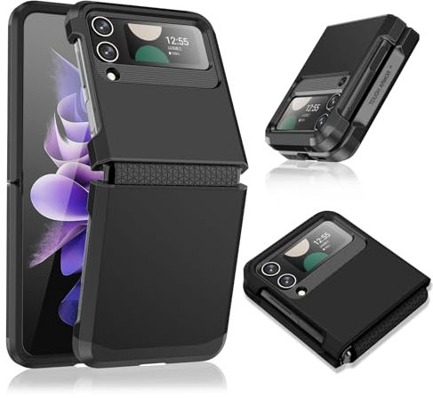 Handyhülle für Samsung Galaxy Z Flip3 5G Hülle mit Scharnierschutz, rutschfeste Textur Z Flip 3 Handytasche Case Cover, Hard PC Militär Rugged Stoßfest Schutzhülle für Samsung Z Flip 3 (Schwarz)