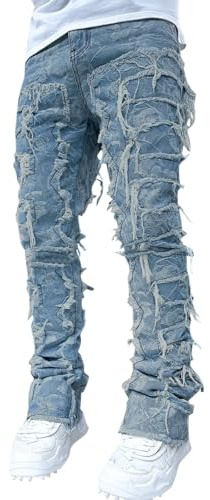Mymyguoe Pantalones vaqueros apilados para hombre, verano, informales, pantalones vaqueros holgados vintage para hombre con flecos de moda, skateboard, ropa de calle, elásticos, anchos, corte holgado