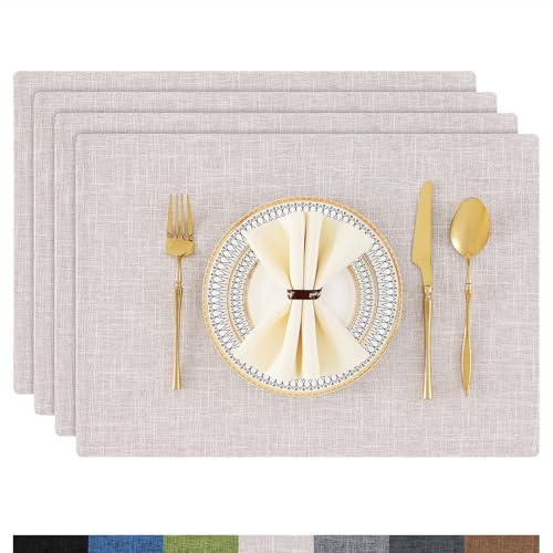 Homaxy Juego de 4 manteles individuales lavables de lino, resistentes al calor, antideslizantes, de doble cara, de tela, color beige
