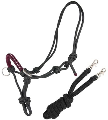 Brama West Knotenhalfter mit Zügel für Pferde - mit Snap-Karabiner und Strass - Grau/Bordeaux, Gr. Cob