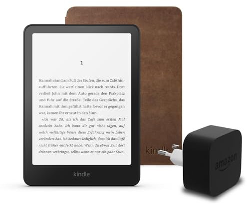 Den neuesten Kindle Paperwhite (2024 Release) mit 16 GB ohne Werbung, eine Amazon Premium-Lederhülle und ein Amazon Powerfast 9-W-Netzteil.