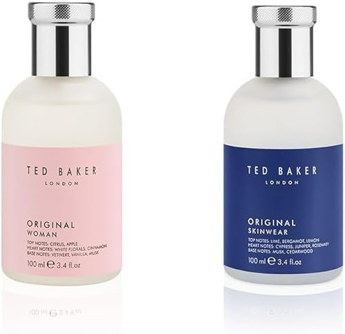Ted Baker Woman Pink and Skinwear Bundle, includes Woman Pink with a floral green feminine fragrance and Skinwear, a woody masculine scent, 2 x 100ml