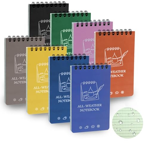 CXRYLZ-FUR 8 Pièces Carnets Étanches, 3 x 5 Pouces All Weather Notebooks Bloc-Notes Spirale, Imperméables Cahier de Note de Poche pour les Activités de Plein Air Records et Tactique Field (coloré)