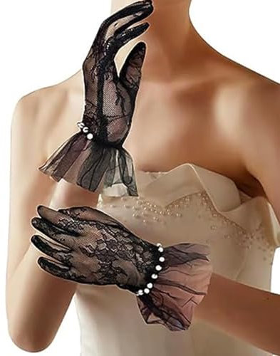 Spets för brudklänning accessoarer bröllopstillbehör brudhandskar med pärlor pärluppsättning handskar spetshandskar för brud brudhandskar med spets och volanger med chiffong, 2#, M