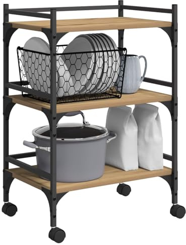 vidaXL Carro de Cocina Roble Artesanal 50 x 35 x 75.5 cm, Carro de Cocina rodante, Carrito de Madera, Duradero, Almacenamiento móvil, solución ahorradora de Espacio