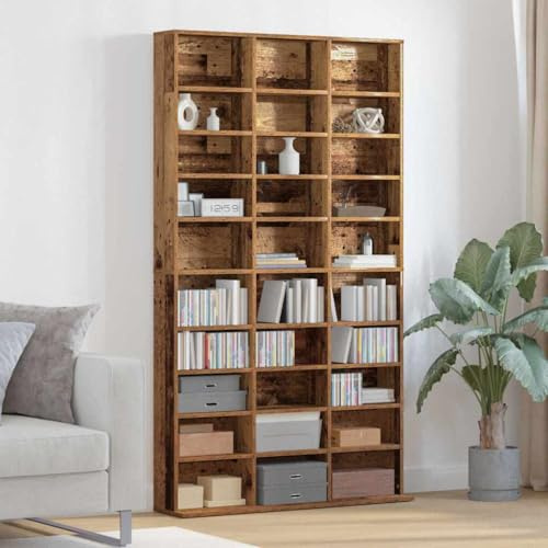 Mokuyary CD-skåp med hylla gammalt trä 101 x 23 x 177,5 cm trämaterial, hylla förvaring med 30 hyllor för CD-skivor, DVD-skivor, stativmonter mediaförvaringsskåp bokhylla