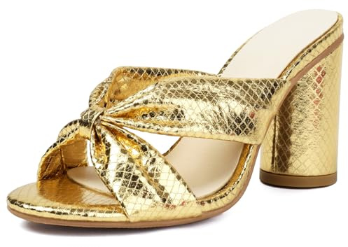 Qynthra Sandales Femme Gros Talon Carré Bretelle Nouée Bout Ouvert Mules de Robe Confortables Slides Talons pour Invité de Mariage et Tenue du Soir