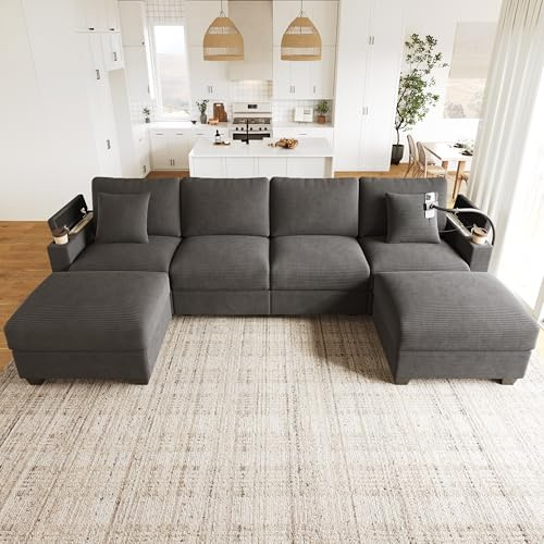 SACOOL Paisaje residencial en forma de U con función de sueño, sofá de pana modular, sofá de esquina con soporte para teléfono móvil y puerto de carga USB, adecuado para salón, dormitorio y