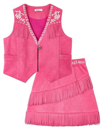 LOLANTA Costumi Cowgirl Bambini Completo Frange Gilet+Gonna Cowgirl Carnevale Costume Feste Western-themd Halloween Musicale Festival Outfit, Rosered, 7-8 anni, 130